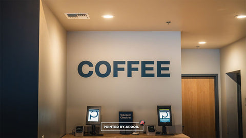 Pursuit Church coffee bar and lobby wall graphics by Ardor Printing, view 2