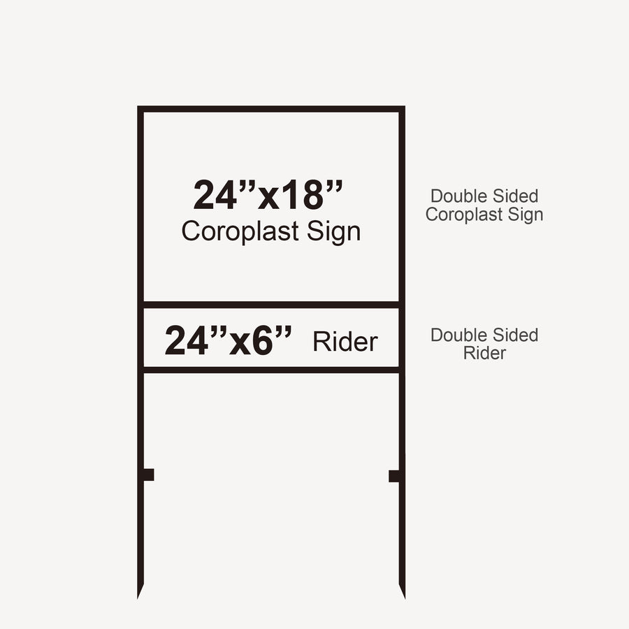 Diagram: 24 x 18 inch double-sided coroplast sign above a 24 x 6 inch double-sided rider in the frame