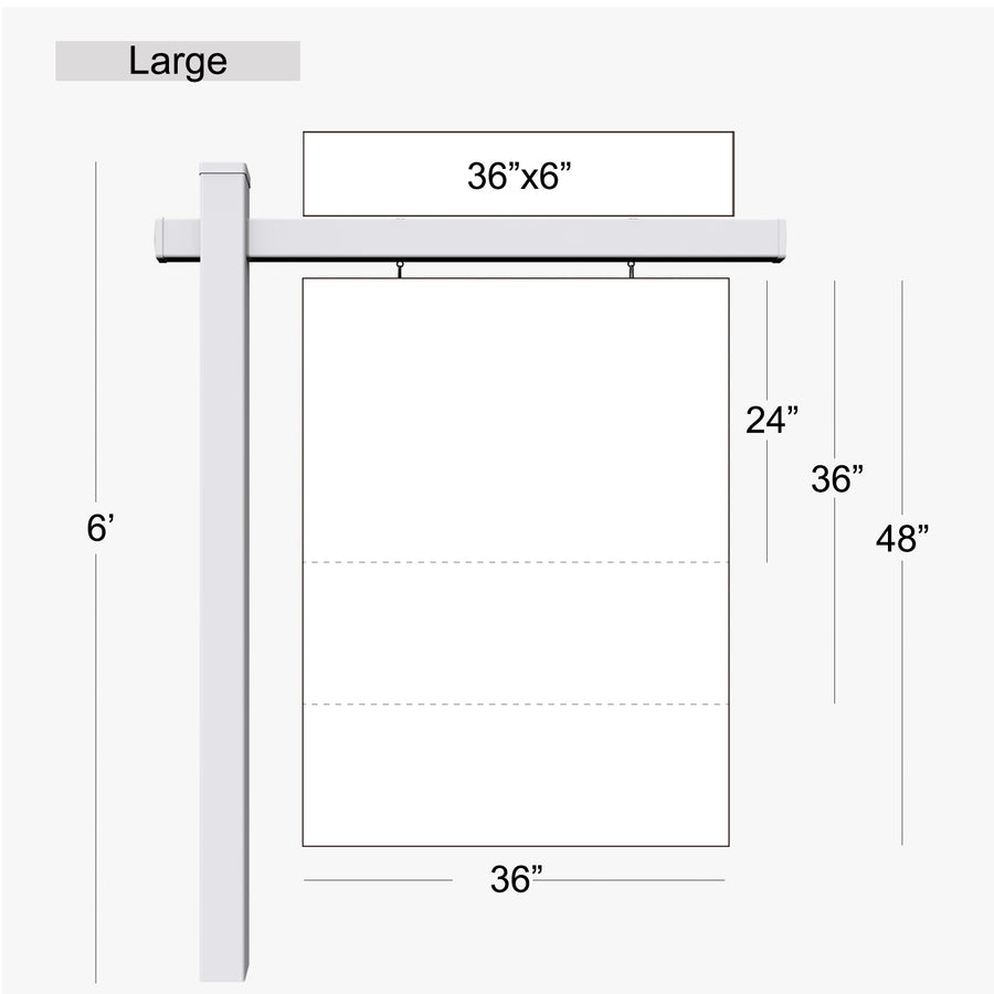 Large post size chart: 6 ft post, 36 inch wide signs 24, 36 or 48 inches tall, 36 x 6 inch rider on the arm