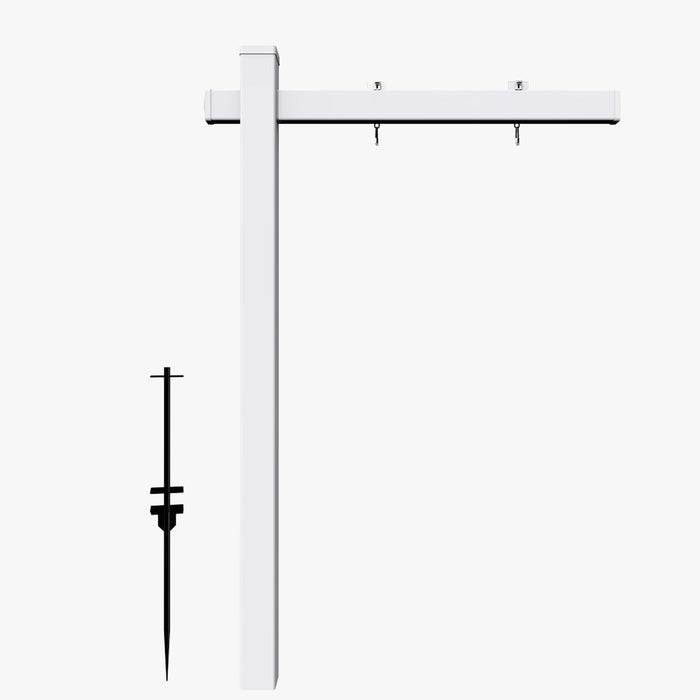 White PVC real estate sign post with hanging arm, two sign hooks and a black no-dig ground stake