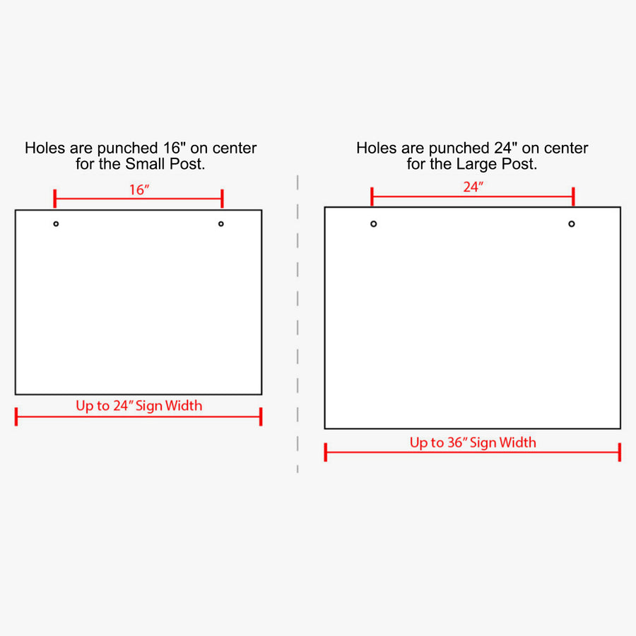 Diagram: small post fits signs up to 24 inches wide with holes 16 inches on center; large post fits signs up to 36 inches wide with holes 24 inches on center