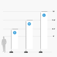 Rectangle flag sizes compared next to a person: small 8.5 ft, medium 11.8 ft and large 15 ft