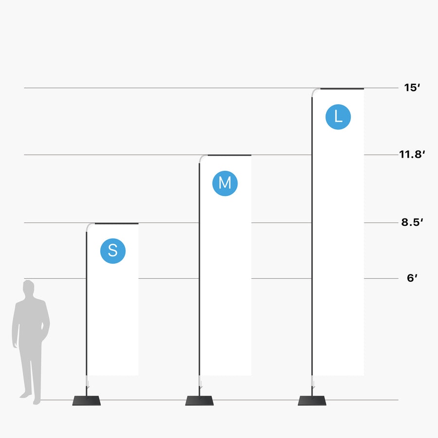 Rectangle flag sizes compared next to a person: small 8.5 ft, medium 11.8 ft and large 15 ft