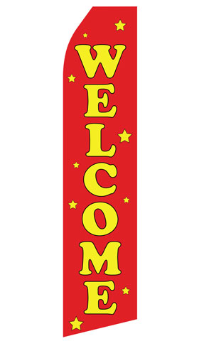 Red Welcome econo feather flag, 16 ft, single-sided, design 1054