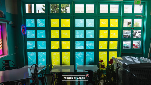 Colorful full coverage restaurant window graphics for Just Poke