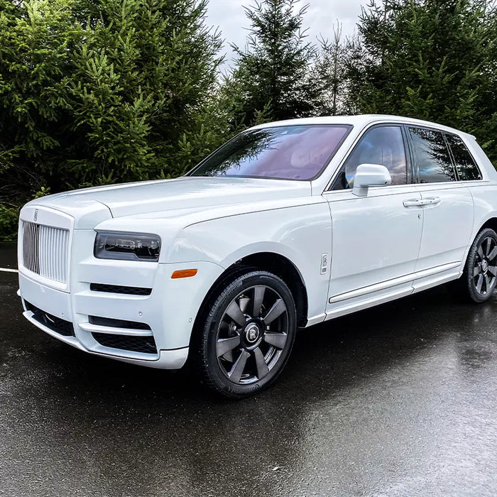 Rolls-Royce Cullinan color change wrap in 3M gloss white including the grille and emblems, Ardor Printing Seattle area