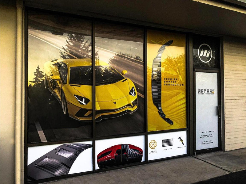 Scrape Armor Bellevue storefront with full-coverage perforated window graphics by Ardor Printing