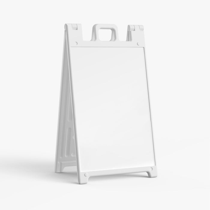 White Signicade plastic A-frame sidewalk sign stand with recessed 24 x 36 inch sign areas, no graphics