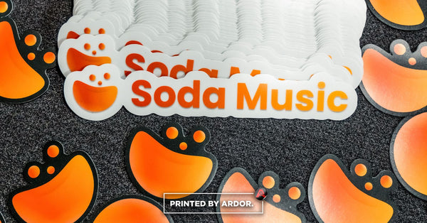 Soda Music die cut stickers printed by Ardor Printing: die cut vinyl logo stickers