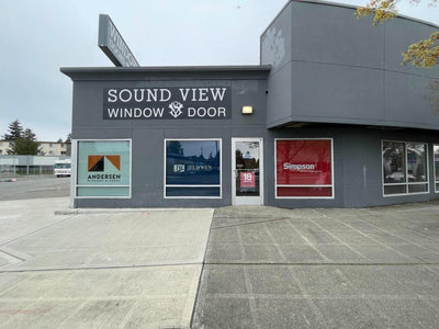 Sound View Window and Door storefront window graphics with brand logos by Ardor Printing