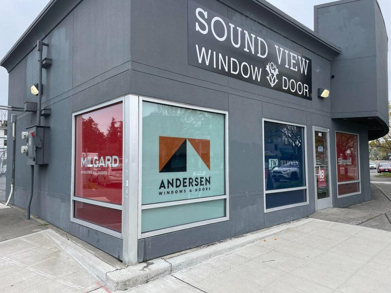 Sound View Window and Door storefront window graphics with brand logos, view 2 by Ardor Printing