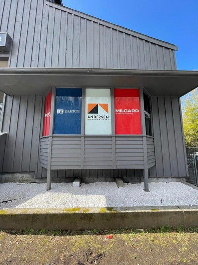 Sound View Window and Door storefront window graphics with brand logos, view 4 by Ardor Printing