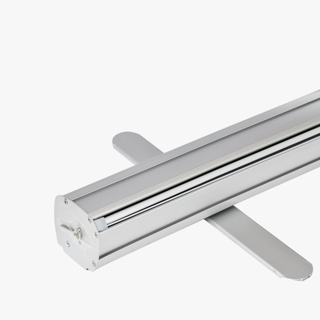 Silver aluminum base of the standard retractable banner stand hardware with rotating feet
