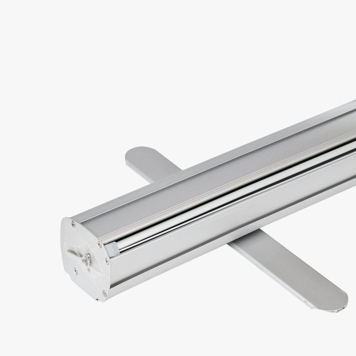 Silver aluminum base of the standard retractable banner stand hardware with rotating feet