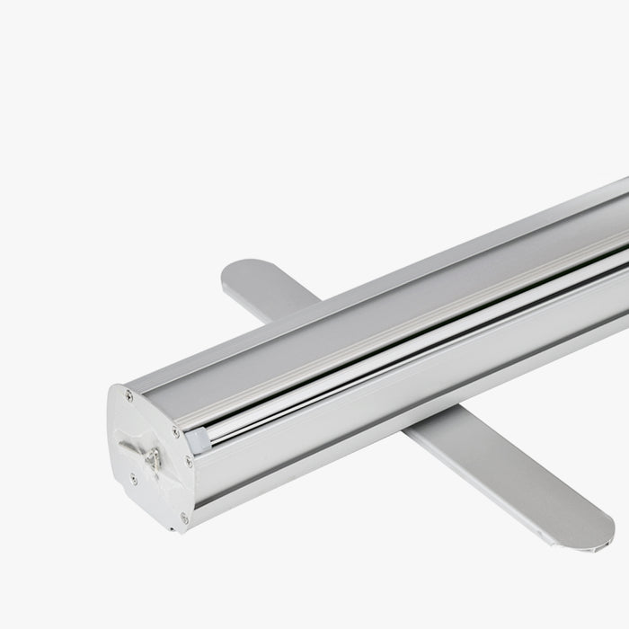 Silver aluminum base of the standard retractable banner stand hardware with rotating feet