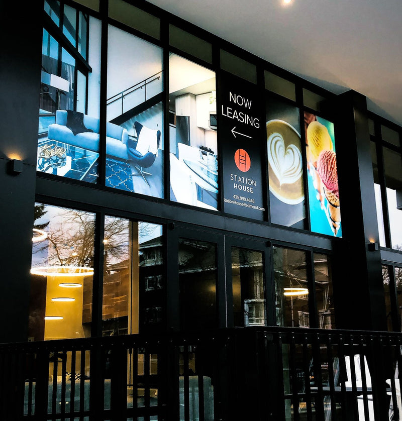 Station House Redmond now leasing window graphics on an apartment building by Ardor Printing