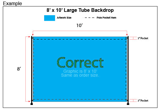 Artwork layout example for an 8 x 10 ft step and repeat backdrop with top and bottom pole pockets