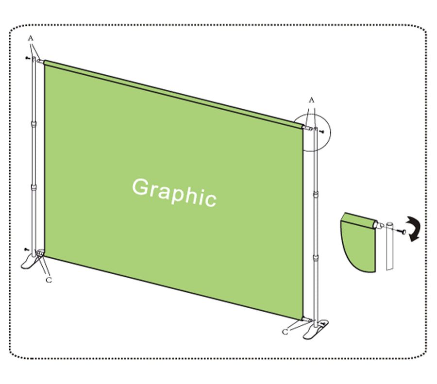 Step and repeat backdrop assembly: mount the cross poles with the graphic onto the uprights