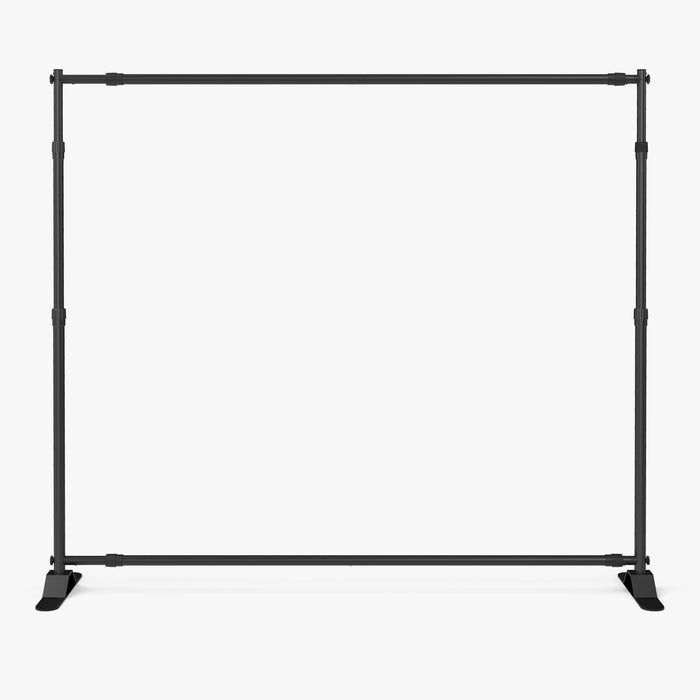 Adjustable step and repeat backdrop stand frame assembled on two weighted feet, no graphic