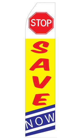 Stop Save Now econo feather flag, 16 ft, single-sided