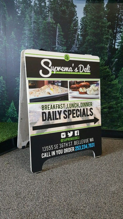 Suprema's Deli A-frame sign in Bellevue by Ardor Printing