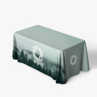 4ft printed table throw on a table, full color sample design