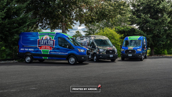 Taylor Heating fleet of Ford Transit vans with matching wraps, printed and installed by Ardor Printing