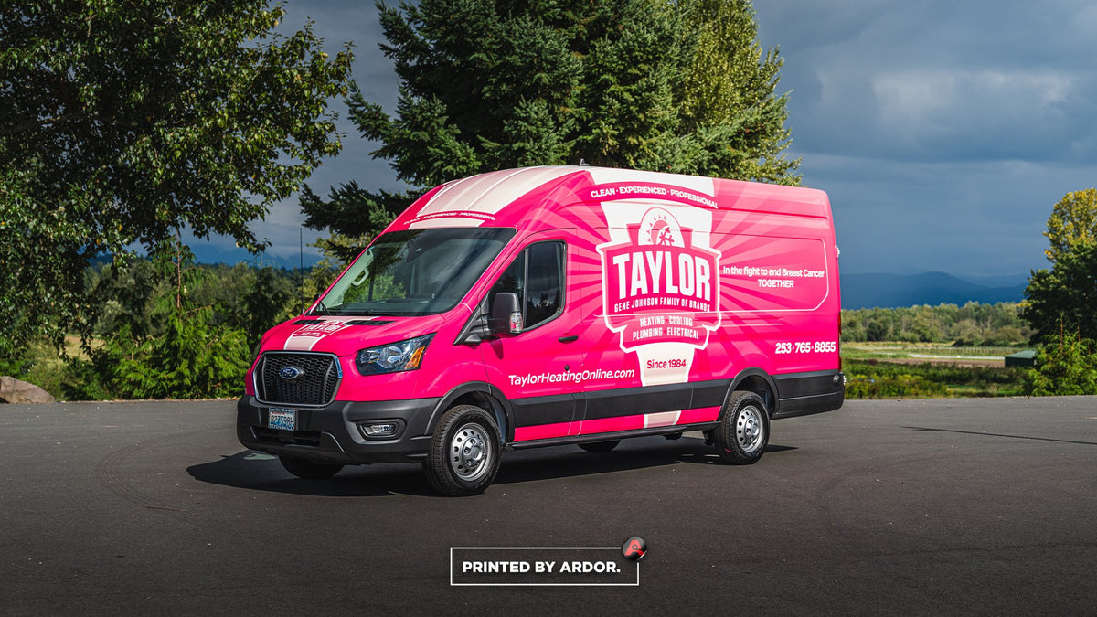 Pink Taylor Heating Ford Transit van with a full wrap printed and installed by Ardor Printing