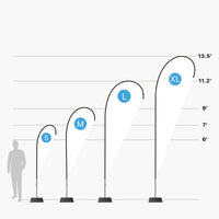 Teardrop flag sizes compared next to a person: small 7 ft, medium 9 ft, large 11.2 ft and x-large 13.5 ft