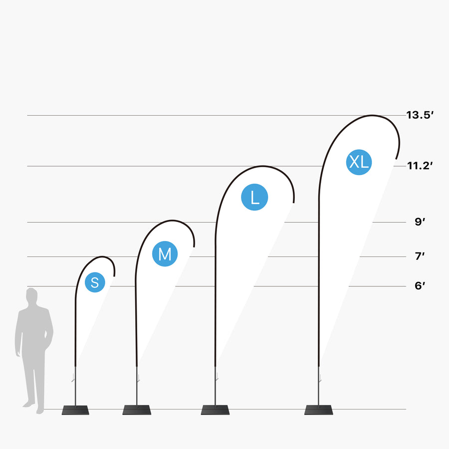 Teardrop flag sizes compared next to a person: small 7 ft, medium 9 ft, large 11.2 ft and x-large 13.5 ft