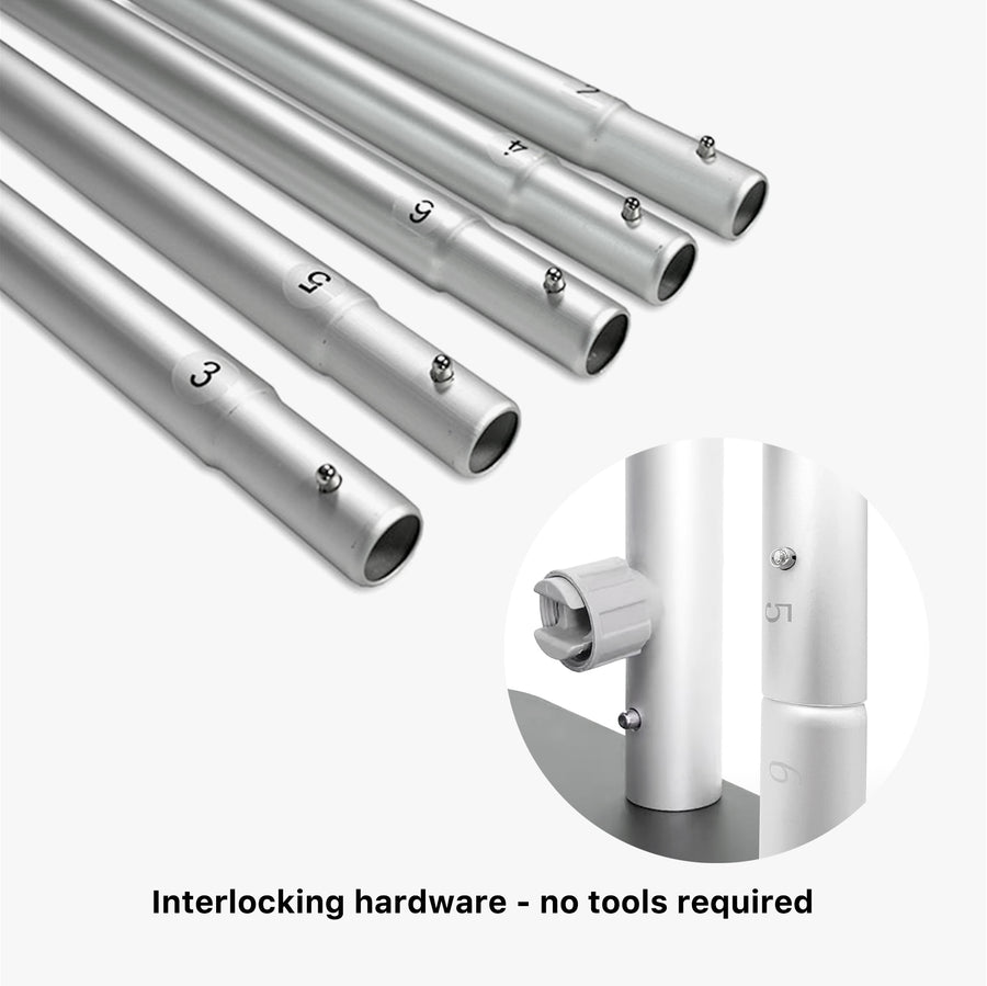 Tension fabric stand frame with interlocking aluminum tubes, no tools required