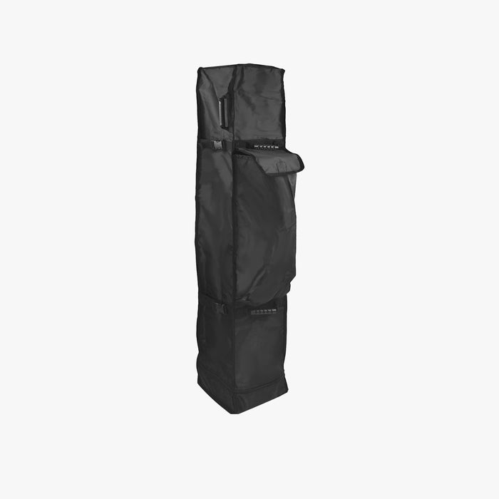 Black tent carrying bag with wheels standing upright