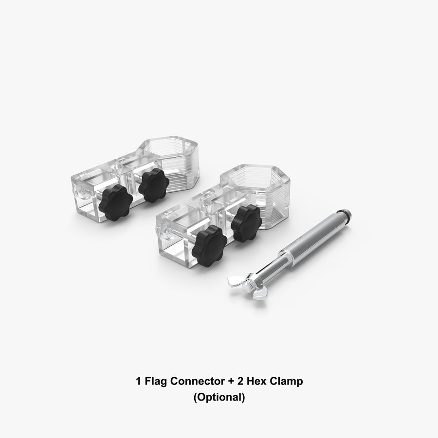Tent flag mounting hardware: flag connector and two hex clamps for the tent leg