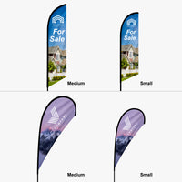Tent flag sizes: medium and small feather flags, medium and small teardrop flags
