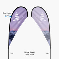 Teardrop tent flag, single sided print thru: printed front and mirrored back