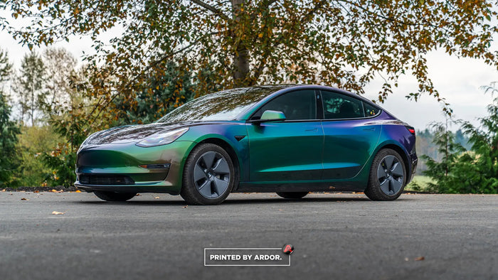 Tesla color change wrap in a color-shifting vinyl