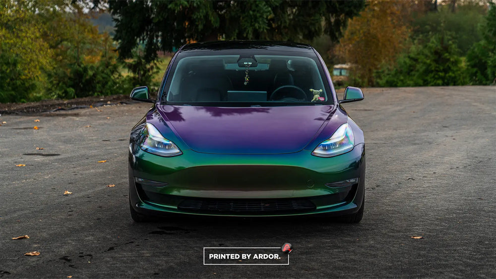 Tesla Model 3 in a purple-to-green color shift wrap installed by Ardor Printing near Seattle, WA