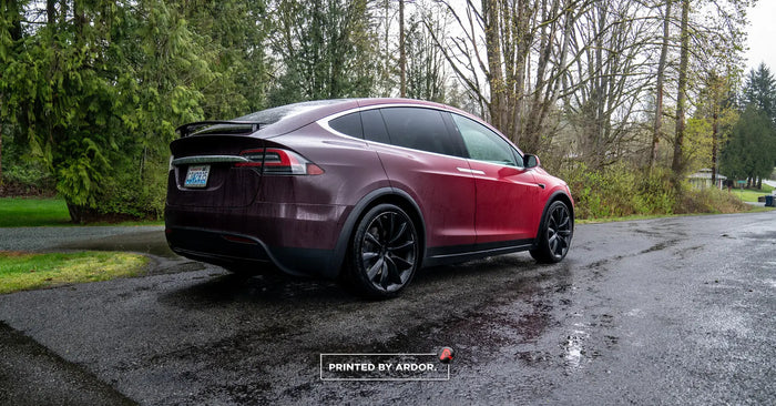 Tesla Model X with a red-to-plum color shift wrap installed by Ardor Printing near Seattle, WA