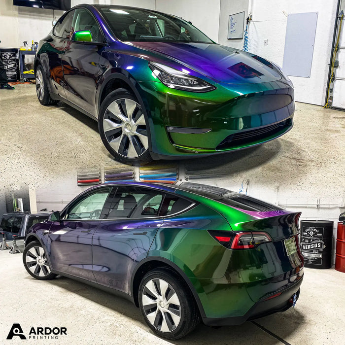 Tesla Model Y color change wrap in a green to purple color-flip vinyl