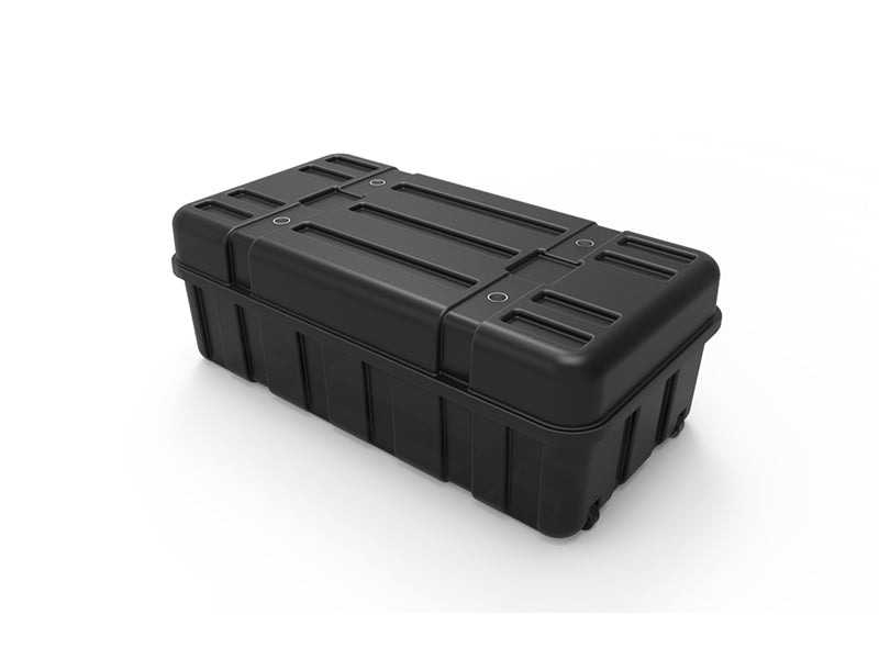 Black rolling clamshell hard case for trade show displays, lid closed