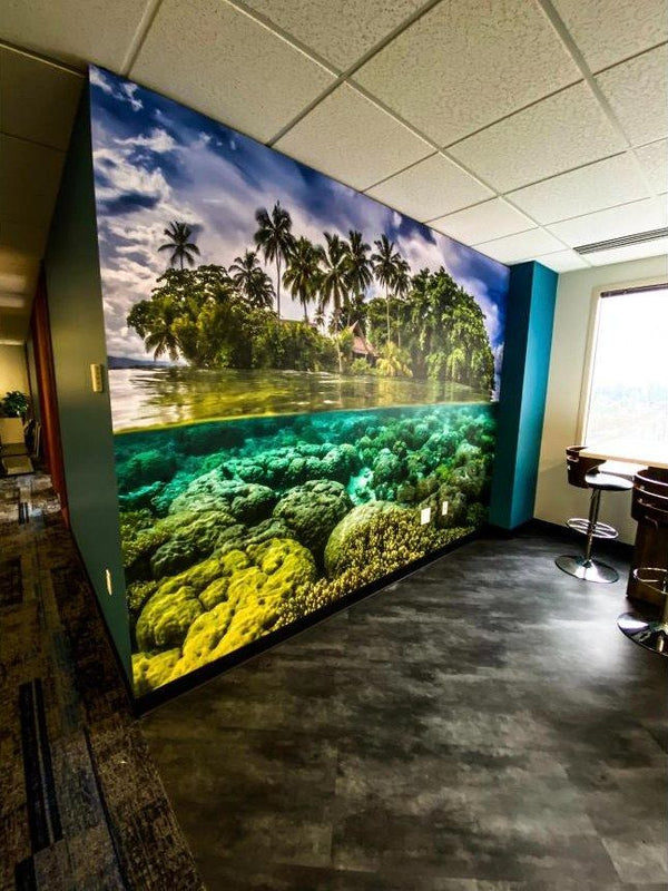 Tropical island and coral reef photo wall mural in an office break area by Ardor Printing