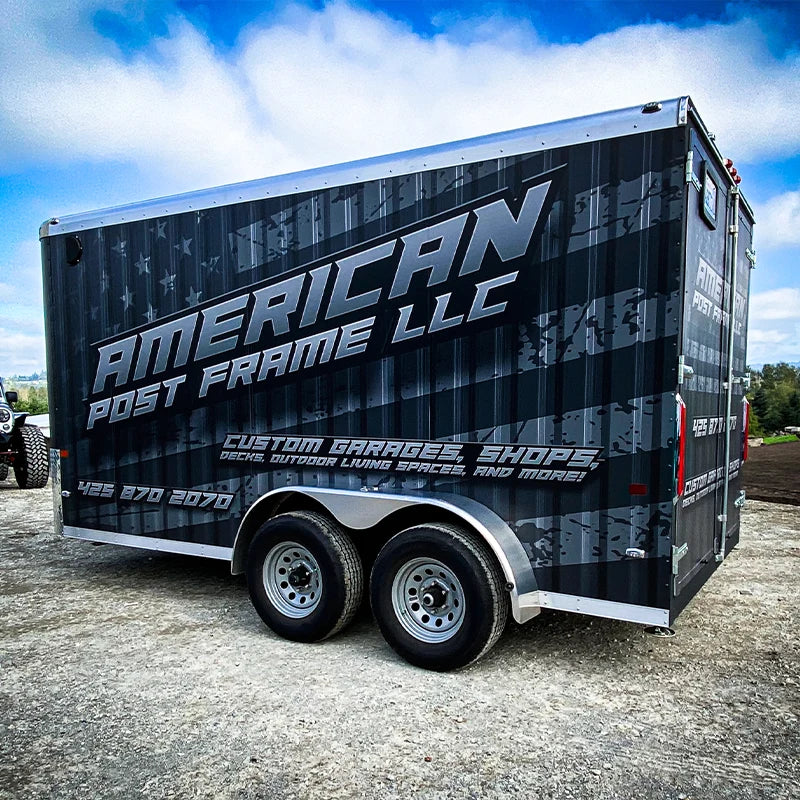 Vinyl car wrap we design and printed for this American Post Frame Utility Trailer.