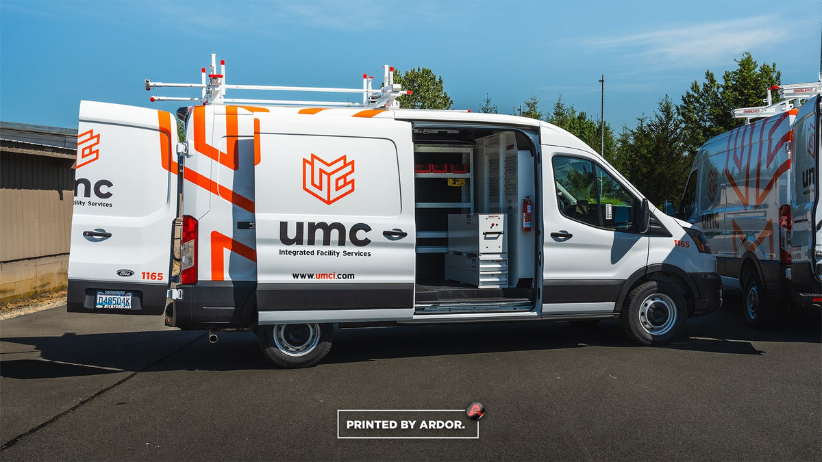 Ford Transit work van upfitted with WEATHER GUARD shelving and ladder racks by Ardor Printing, an authorized WEATHER GUARD dealer in Snohomish, WA