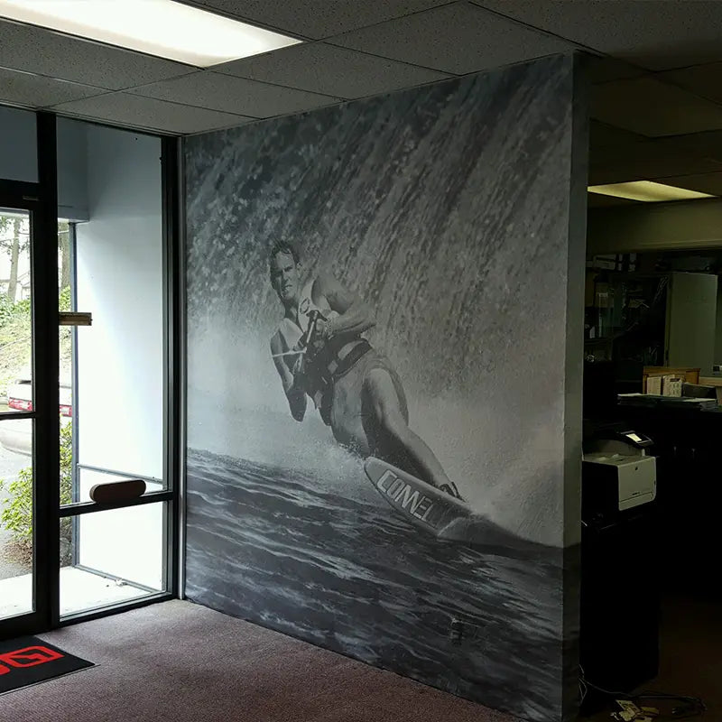 Black and white wall mural we printed for Connelly Watersports in Lynnwood, WA. All the graphics were digitally printed on 3M adhesive backed vinyl prior to being laminated in Matte over-laminate.