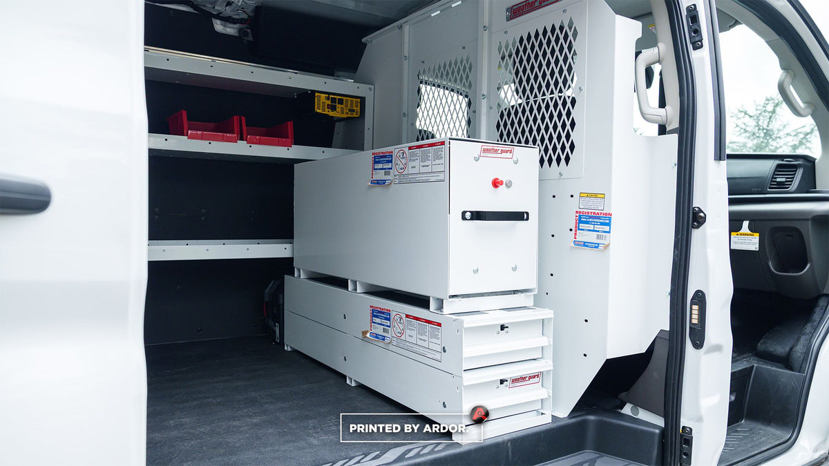 WEATHER GUARD locking drawer cabinet and shelving in an upfitted work van