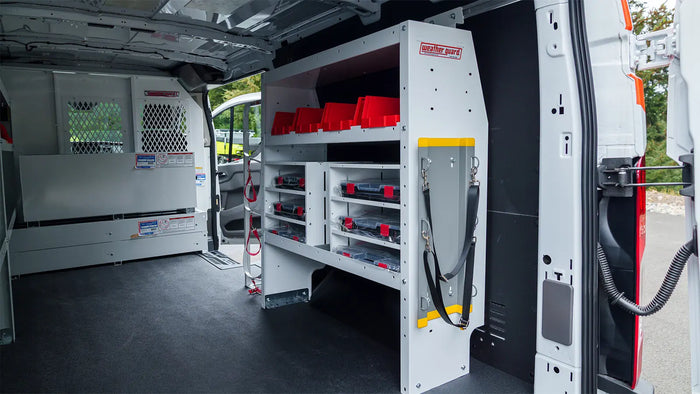 WEATHER GUARD van shelving upfit in a Ford Transit low roof for UMC