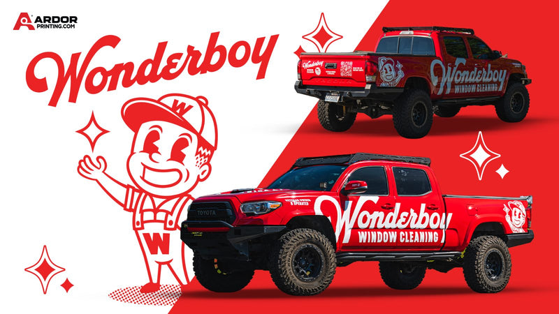 Wonderboy Window Cleaning mascot logo and truck wrap design by Ardor Printing