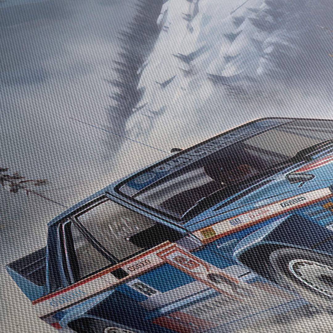 High-quality close-up of the canvas print's texture and stunning details of the Lancia Delta Integrale's winter racing.