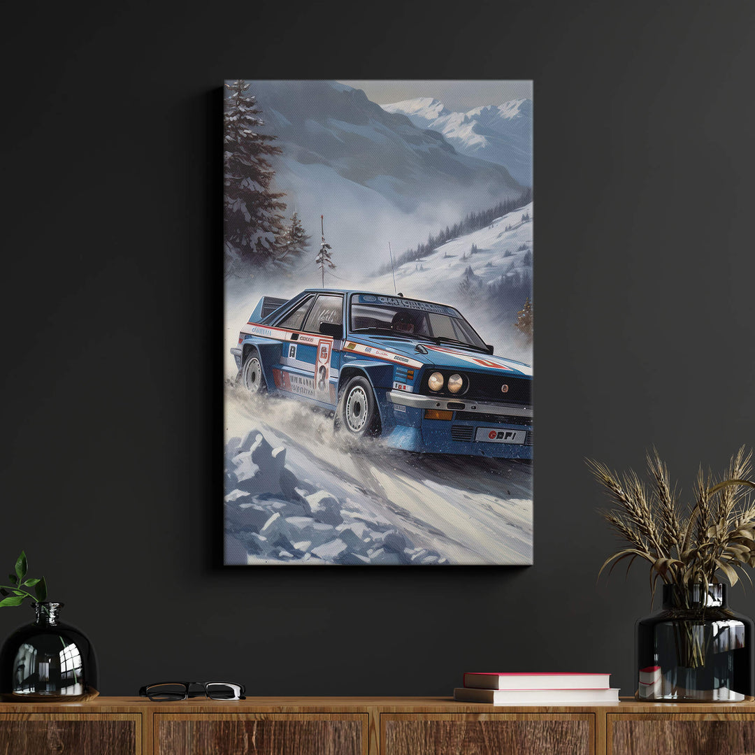 Add some retro racing vibes to your living room with this Lancia Delta Integrale canvas print on a black wall.