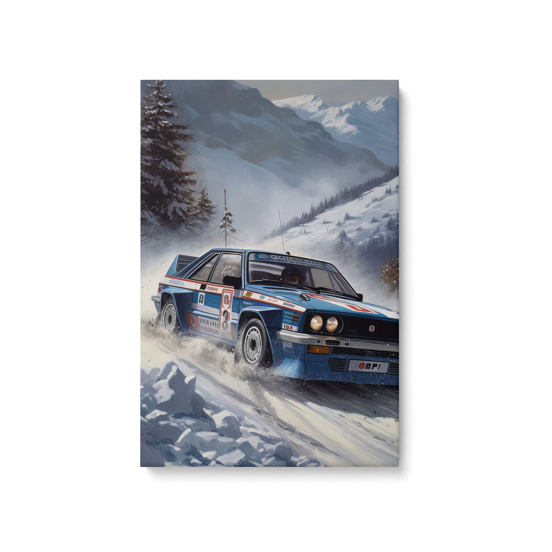 Retro racing at its finest with the Lancia Delta Integrale dominating the snow in vibrant colors and textured landscape.